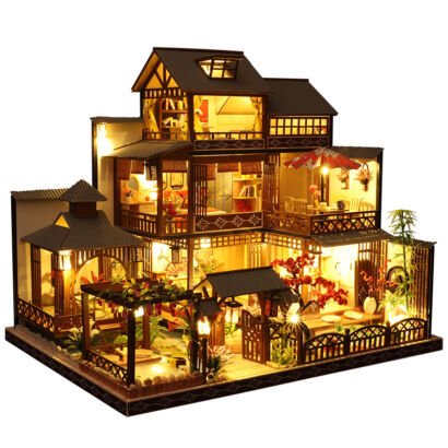 DIY miniature wooden dollhouse kit, traditional Chinese multi-story courtyard villa with LED warm lights, garden pavilion and courtyard scenery