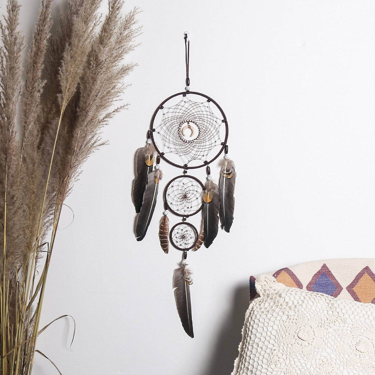 Three-Tier Nested Earth Tone Dreamcatcher, Natural Raw Feather Moon Charm Wall Hanging, Wabi-Sabi Industrial Wall Decor, Men’s Bedroom Homestay Vintage Shooting Prop - Image 3