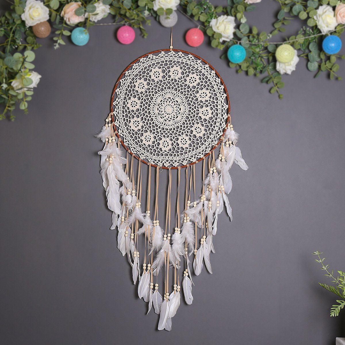 French Pure White Lace Large Flower Dreamcatcher, Multi-Layer Soft Feather Wood Bead Wall Hanging, Cream Wedding & Bedroom Ornament, Bridal Portrait Gentle Healing Gift - Image 3