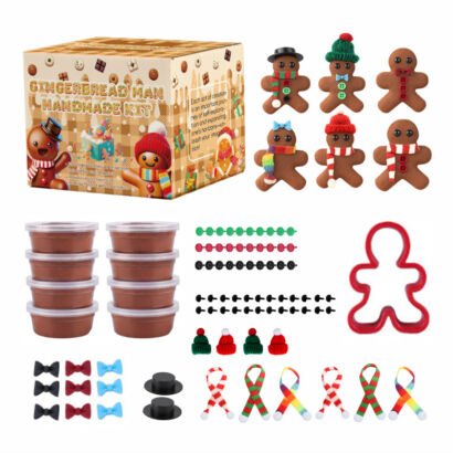 A DIY Christmas gingerbread man handmade craft kit featuring brown modeling clay tubs, cute finished clay gingerbread figures, a red plastic cutter, miniature hats, scarves, bowties, buttons, eyes, and a patterned packaging box against a white background.