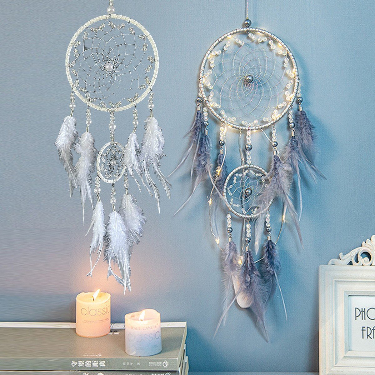 Silver Grey Double-Ring Minimalist Dreamcatcher, Matte Grey Feather & Bead Wall Hanging, Ins Cool Tone Bedroom Ornament, Still-Life Portrait Prop & Couple Gift - Image 2