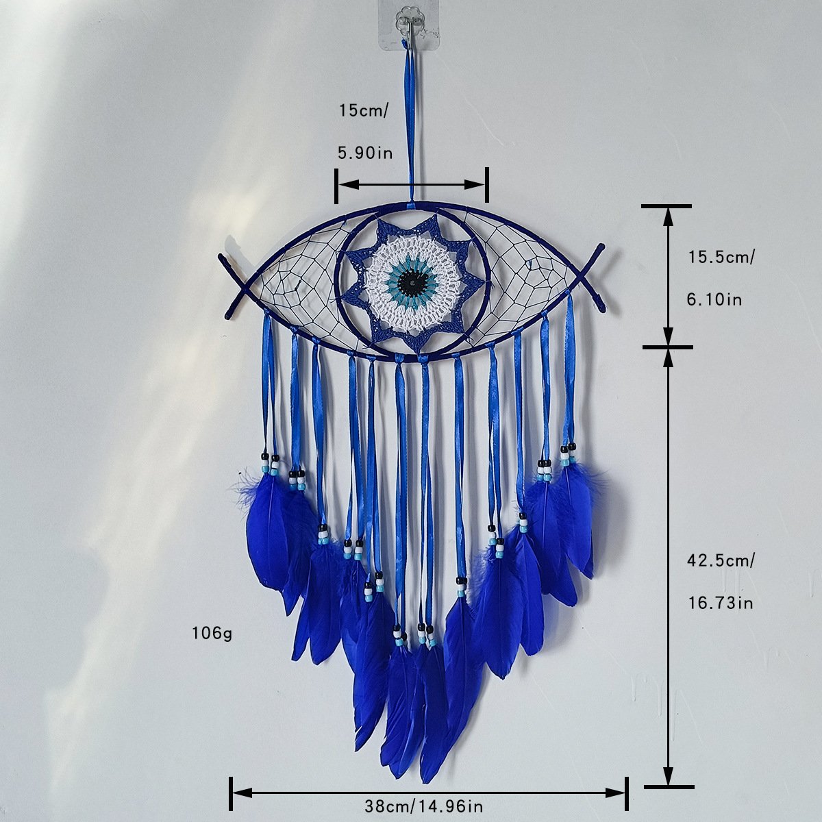 Evil Eye Blue-Black Contrast Dreamcatcher, Hand-Woven Feather Wall Hanging, Niche Alt Bedroom Ornament, Dark Cool Shooting Prop & Men’s Gift - Image 12