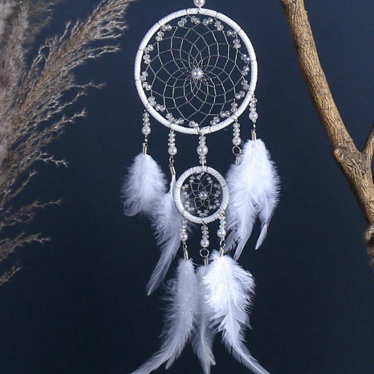 Silver Grey Double-Ring Minimalist Dreamcatcher, Matte Grey Feather & Bead Wall Hanging, Ins Cool Tone Bedroom Ornament, Still-Life Portrait Prop & Couple Gift - Image 10