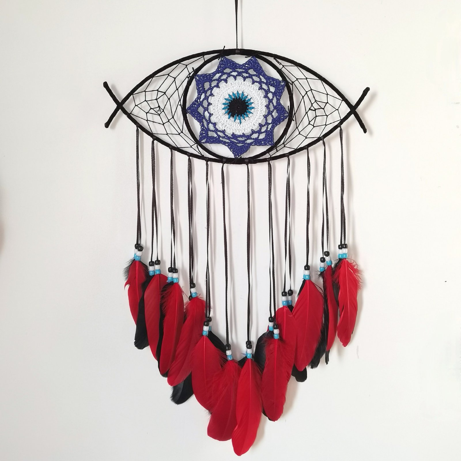 Evil Eye Blue-Black Contrast Dreamcatcher, Hand-Woven Feather Wall Hanging, Niche Alt Bedroom Ornament, Dark Cool Shooting Prop & Men’s Gift - Image 13