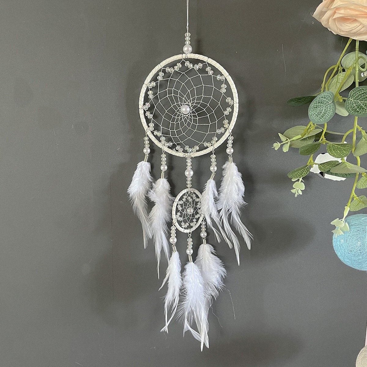 Silver Grey Double-Ring Minimalist Dreamcatcher, Matte Grey Feather & Bead Wall Hanging, Ins Cool Tone Bedroom Ornament, Still-Life Portrait Prop & Couple Gift - Image 11