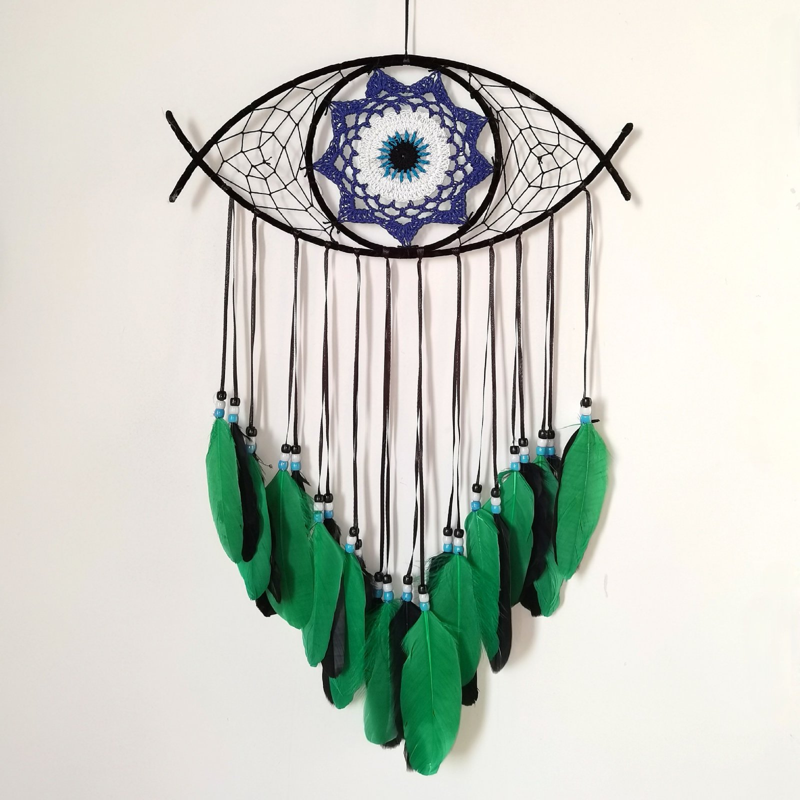 Evil Eye Blue-Black Contrast Dreamcatcher, Hand-Woven Feather Wall Hanging, Niche Alt Bedroom Ornament, Dark Cool Shooting Prop & Men’s Gift - Image 14