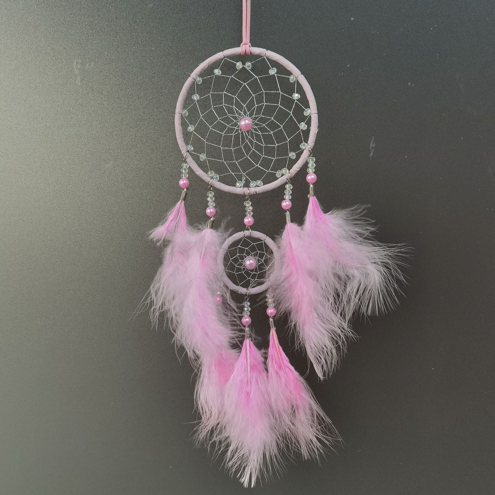 Silver Grey Double-Ring Minimalist Dreamcatcher, Matte Grey Feather & Bead Wall Hanging, Ins Cool Tone Bedroom Ornament, Still-Life Portrait Prop & Couple Gift - Image 12