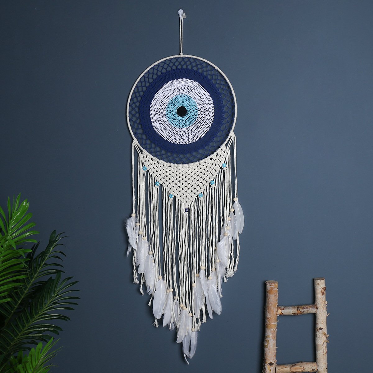 Sky Blue Gradient Mandala Crochet Dreamcatcher, All-Blue Soft Feather Bead Wall Hanging, Mediterranean Fresh Bedroom Ornament, Summer Still-Life Healing Girly Gift - Image 3