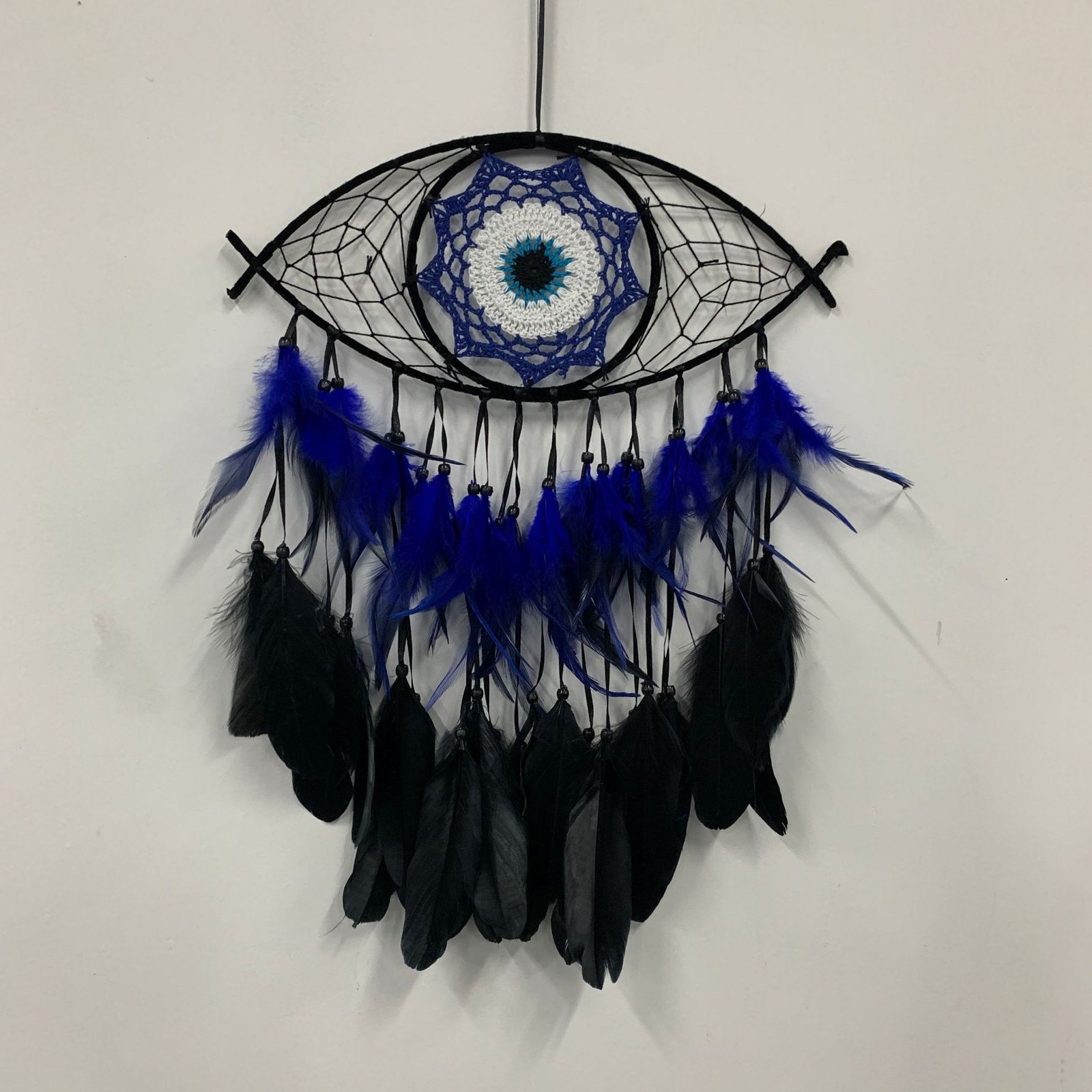 Evil Eye Blue-Black Contrast Dreamcatcher, Hand-Woven Feather Wall Hanging, Niche Alt Bedroom Ornament, Dark Cool Shooting Prop & Men’s Gift - Image 15