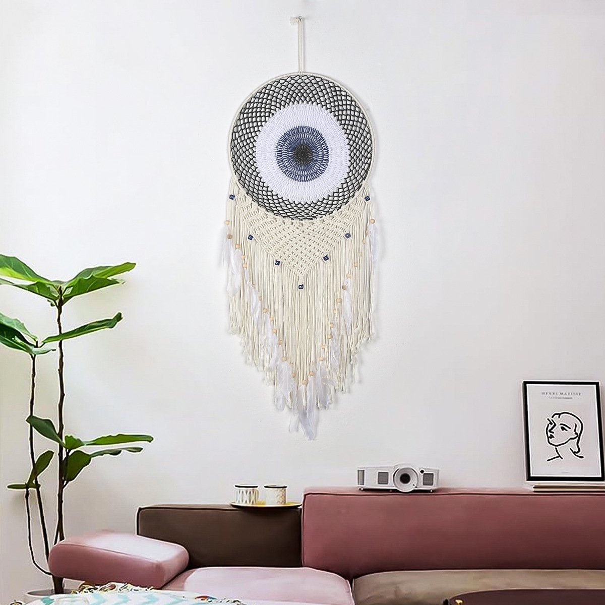 Sky Blue Gradient Mandala Crochet Dreamcatcher, All-Blue Soft Feather Bead Wall Hanging, Mediterranean Fresh Bedroom Ornament, Summer Still-Life Healing Girly Gift - Image 4