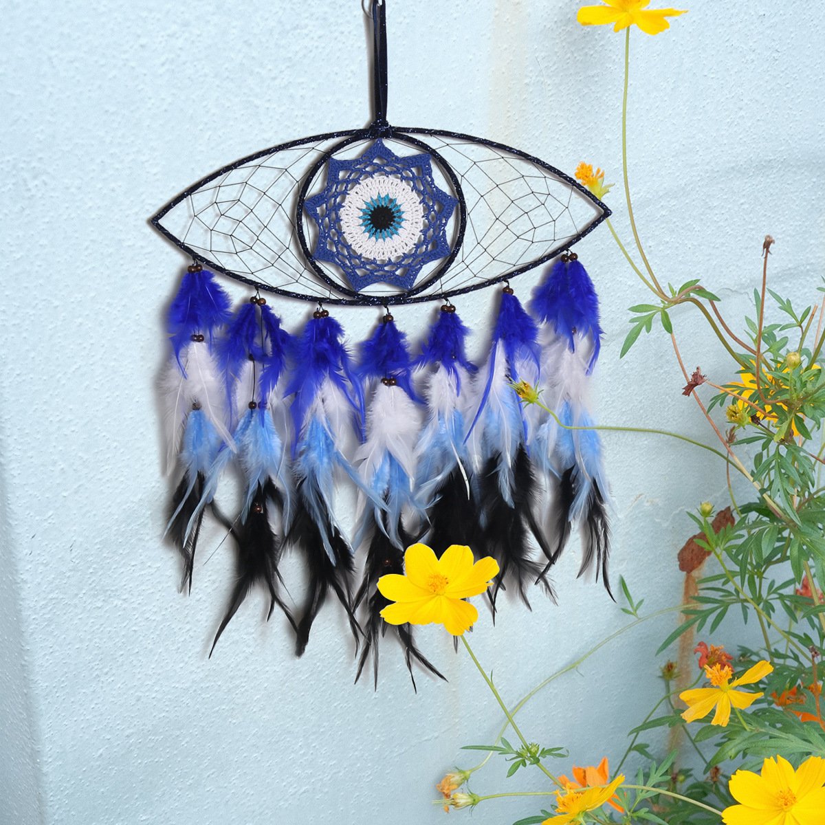 Evil Eye Blue-Black Contrast Dreamcatcher, Hand-Woven Feather Wall Hanging, Niche Alt Bedroom Ornament, Dark Cool Shooting Prop & Men’s Gift - Image 2