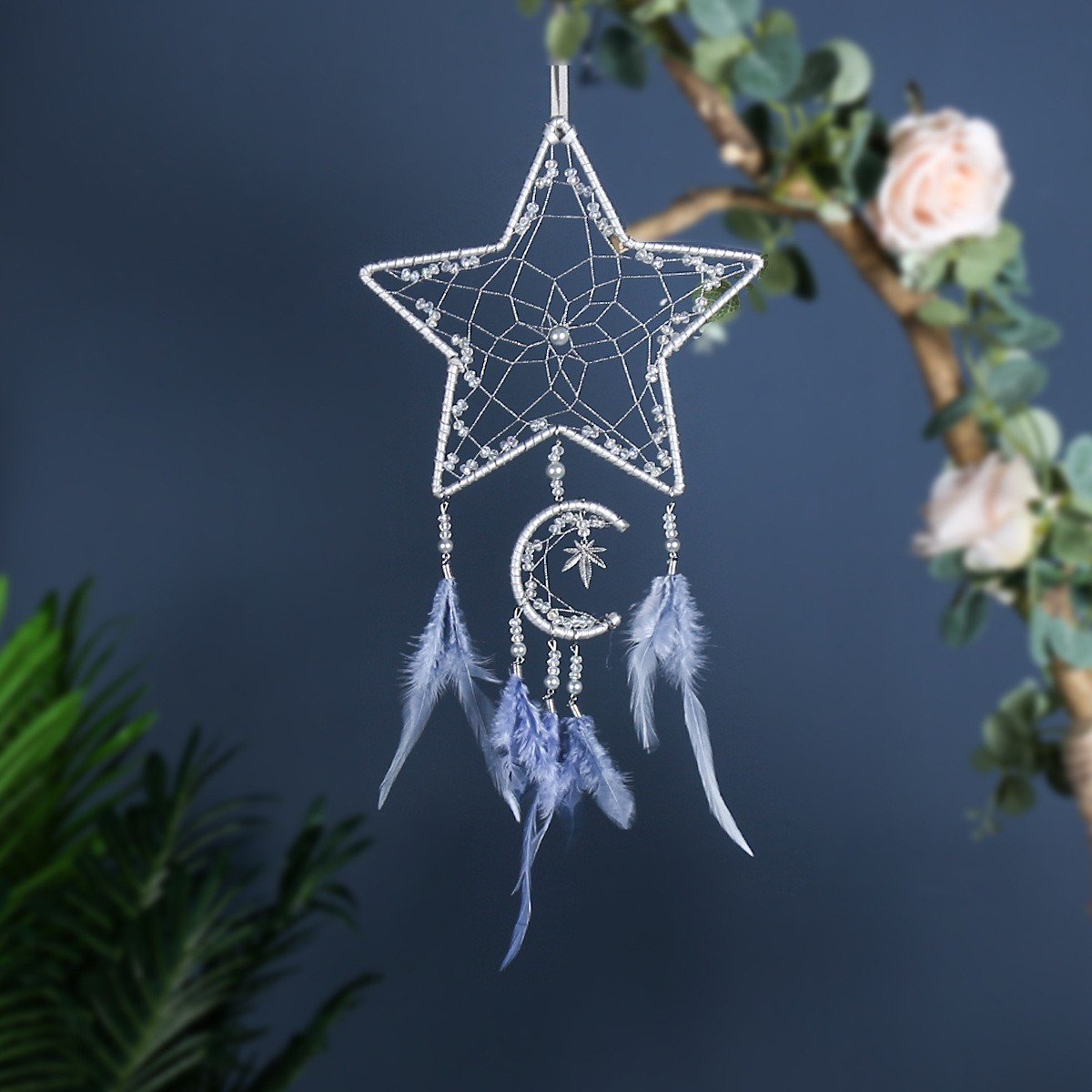 Silver Grey Double-Ring Minimalist Dreamcatcher, Matte Grey Feather & Bead Wall Hanging, Ins Cool Tone Bedroom Ornament, Still-Life Portrait Prop & Couple Gift - Image 14