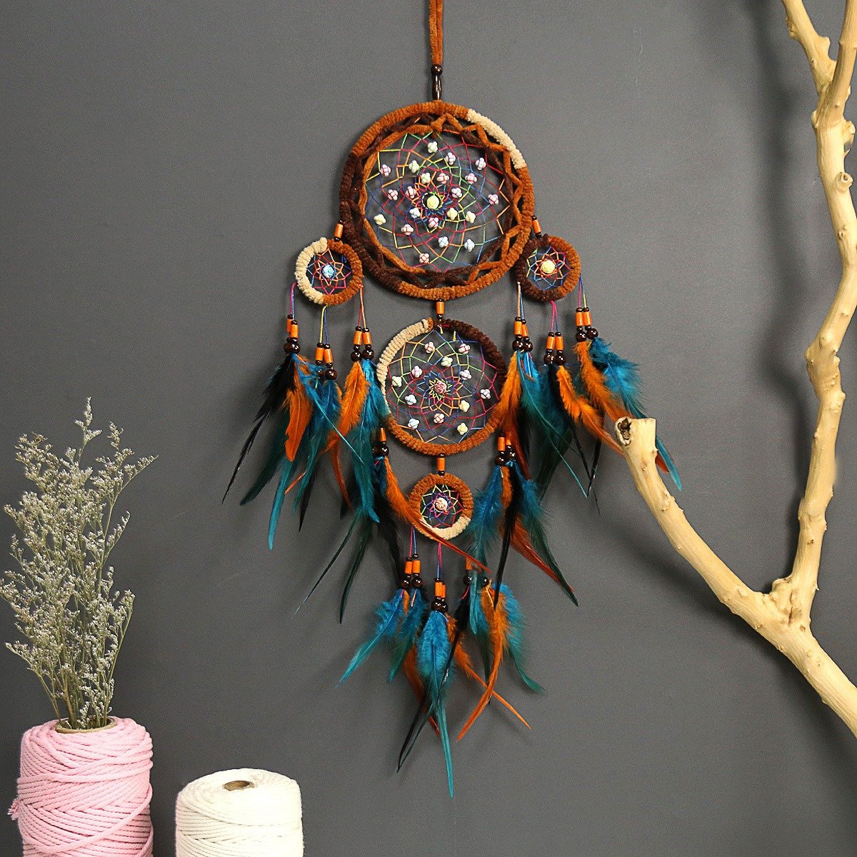 Red-Brown Four-Layer Multi-Ring Dreamcatcher, Lake Blue & Orange Contrast Feather Wood Bead Wall Hanging, Ethnic Homestay Ornament, Exotic Travel Shooting & Festive Gift - Image 4