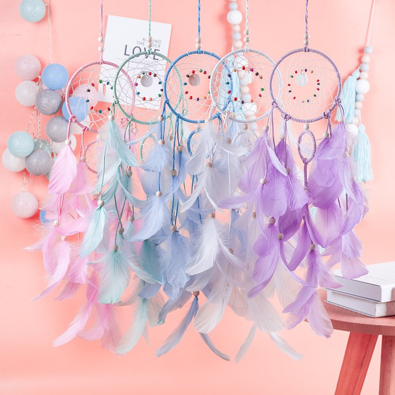 Light Pink Double-Ring Girly Dreamcatcher, Soft Pink Feather & Wood Bead Wall Hanging, Ins Cream Bedroom & Wedding Ornament, Girls Portrait Valentine Bestie Gift - Image 3