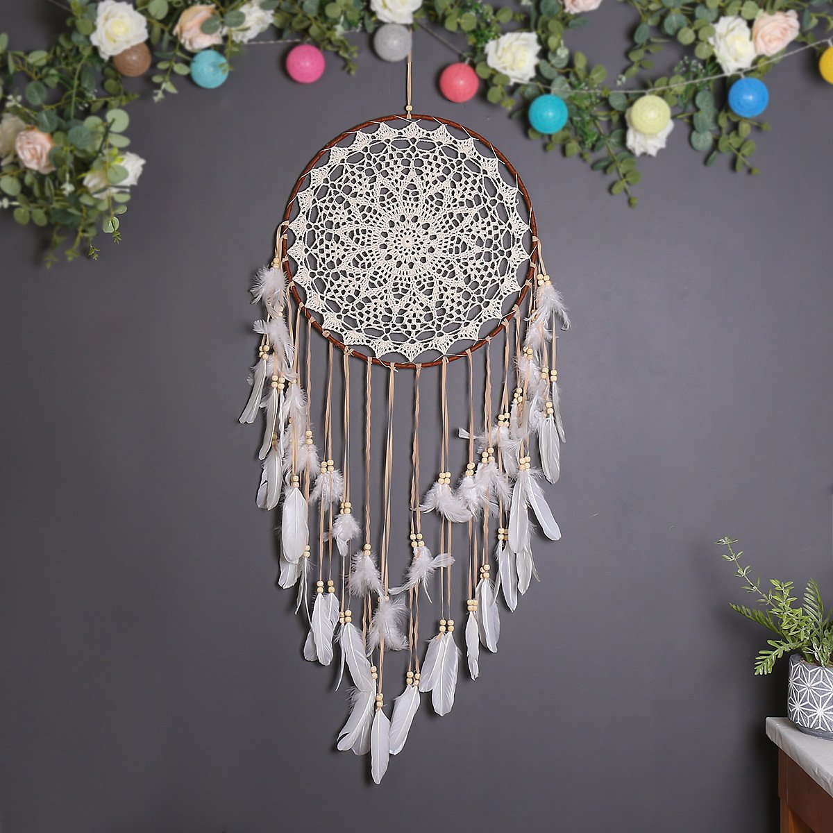 French Pure White Lace Large Flower Dreamcatcher, Multi-Layer Soft Feather Wood Bead Wall Hanging, Cream Wedding & Bedroom Ornament, Bridal Portrait Gentle Healing Gift - Image 4