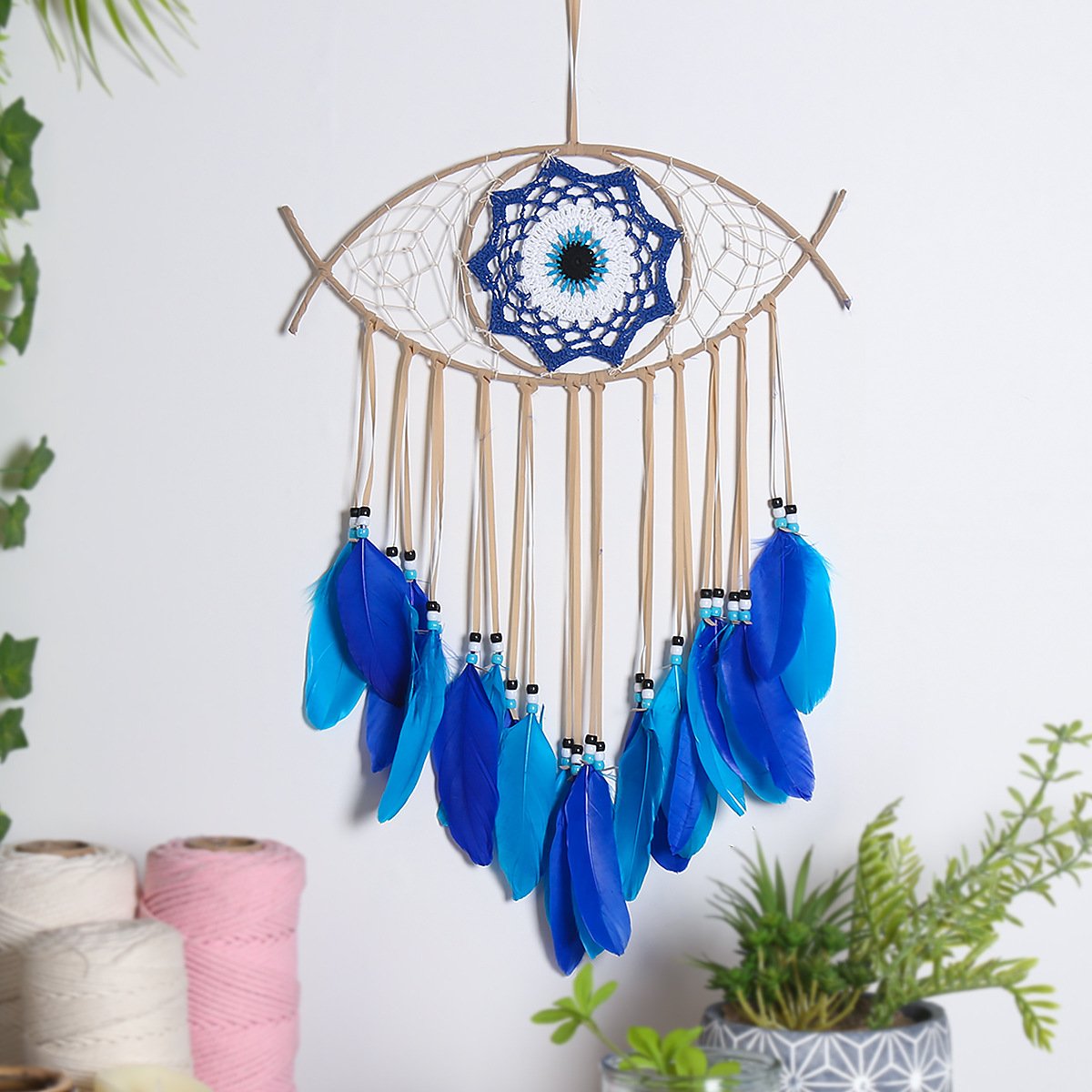 Evil Eye Blue-Black Contrast Dreamcatcher, Hand-Woven Feather Wall Hanging, Niche Alt Bedroom Ornament, Dark Cool Shooting Prop & Men’s Gift - Image 5