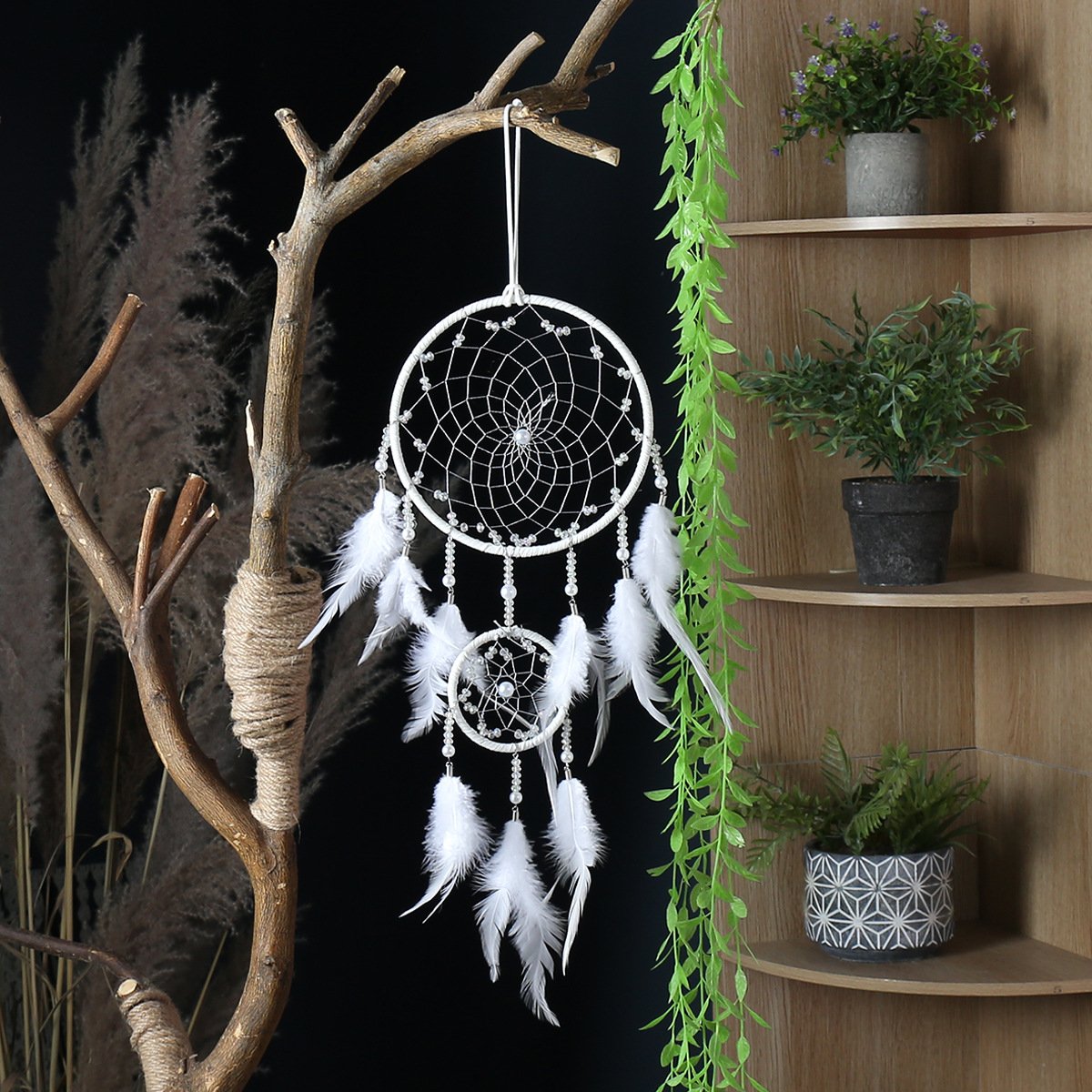 Silver Grey Double-Ring Minimalist Dreamcatcher, Matte Grey Feather & Bead Wall Hanging, Ins Cool Tone Bedroom Ornament, Still-Life Portrait Prop & Couple Gift - Image 3