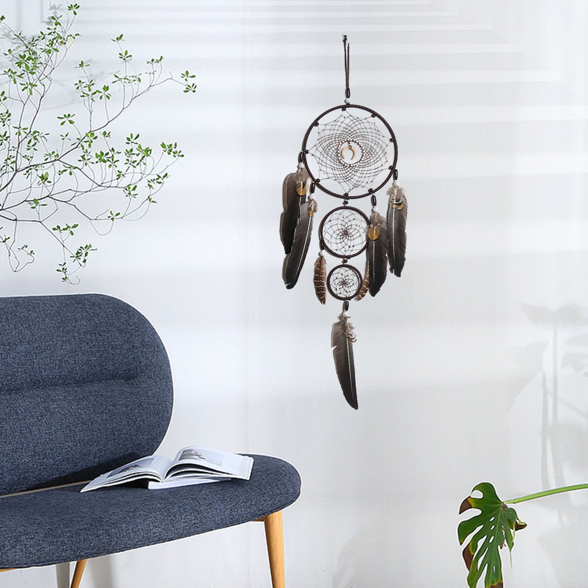 Three-Tier Nested Earth Tone Dreamcatcher, Natural Raw Feather Moon Charm Wall Hanging, Wabi-Sabi Industrial Wall Decor, Men’s Bedroom Homestay Vintage Shooting Prop - Image 5