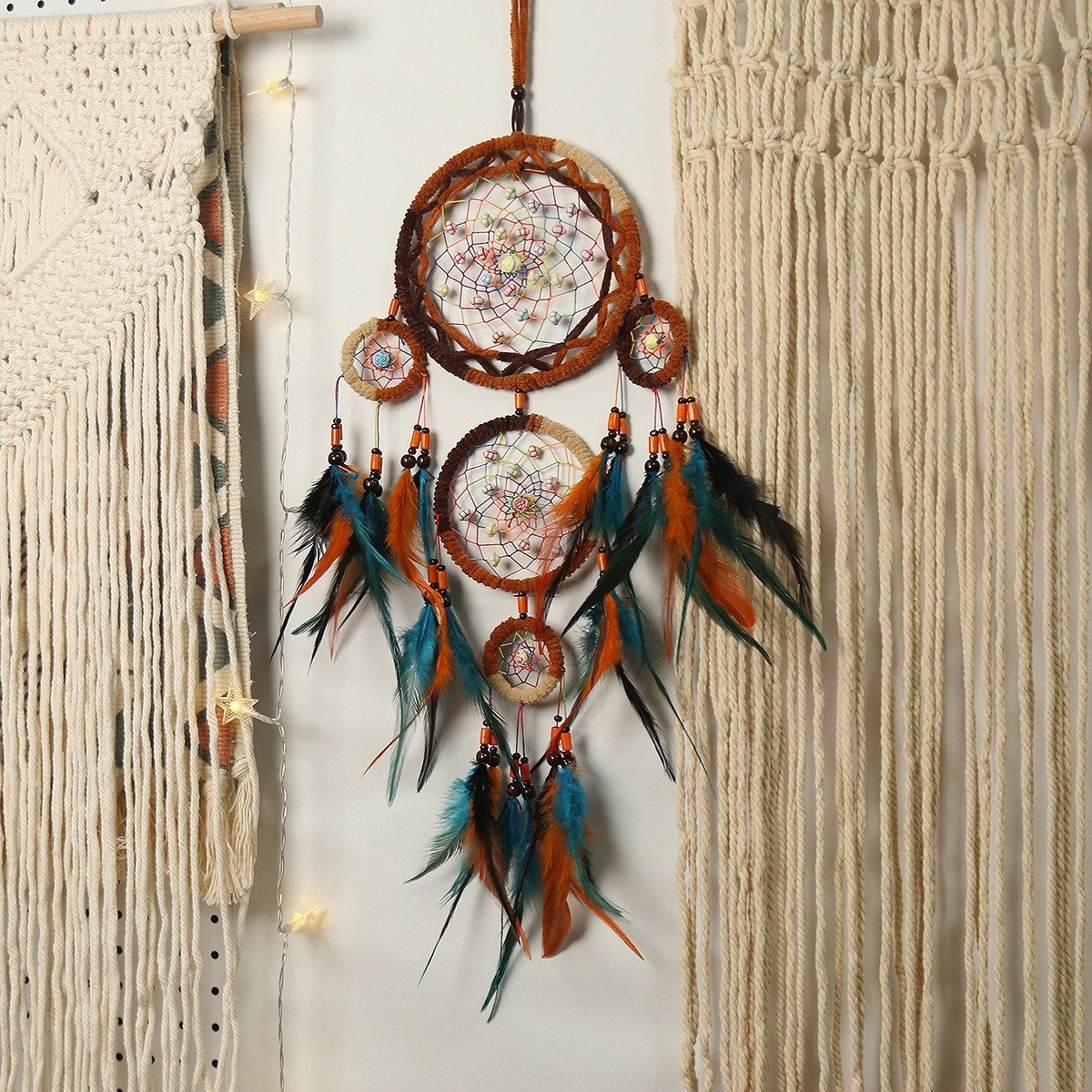 Red-Brown Four-Layer Multi-Ring Dreamcatcher, Lake Blue & Orange Contrast Feather Wood Bead Wall Hanging, Ethnic Homestay Ornament, Exotic Travel Shooting & Festive Gift - Image 5
