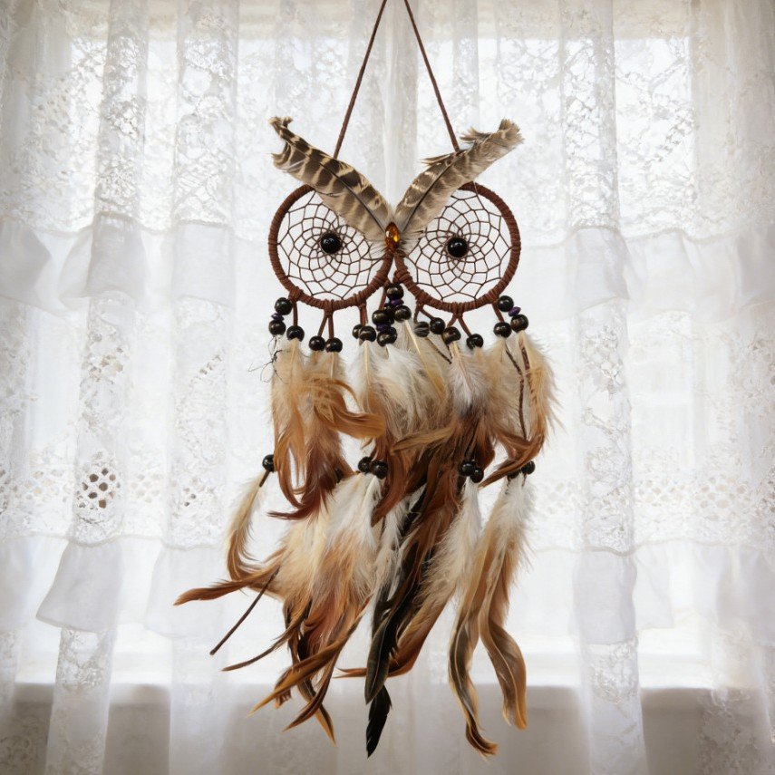 Creative Owl Shaped Dreamcatcher, Brown White Gradient Feather & Black Wood Bead Wall Hanging, Forest Wabi-Sabi Wall Decor, Forest Style Still-Life Portrait Shooting Healing Gift - Image 4