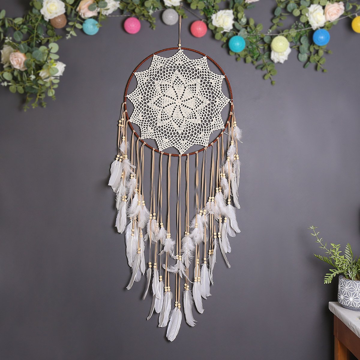French Pure White Lace Large Flower Dreamcatcher, Multi-Layer Soft Feather Wood Bead Wall Hanging, Cream Wedding & Bedroom Ornament, Bridal Portrait Gentle Healing Gift - Image 5