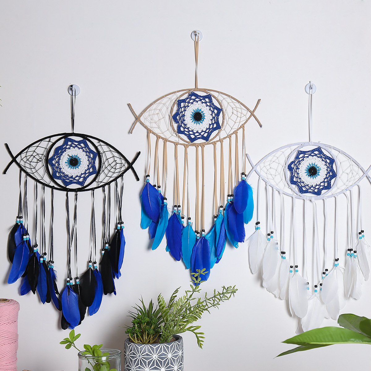 Evil Eye Blue-Black Contrast Dreamcatcher, Hand-Woven Feather Wall Hanging, Niche Alt Bedroom Ornament, Dark Cool Shooting Prop & Men’s Gift - Image 6