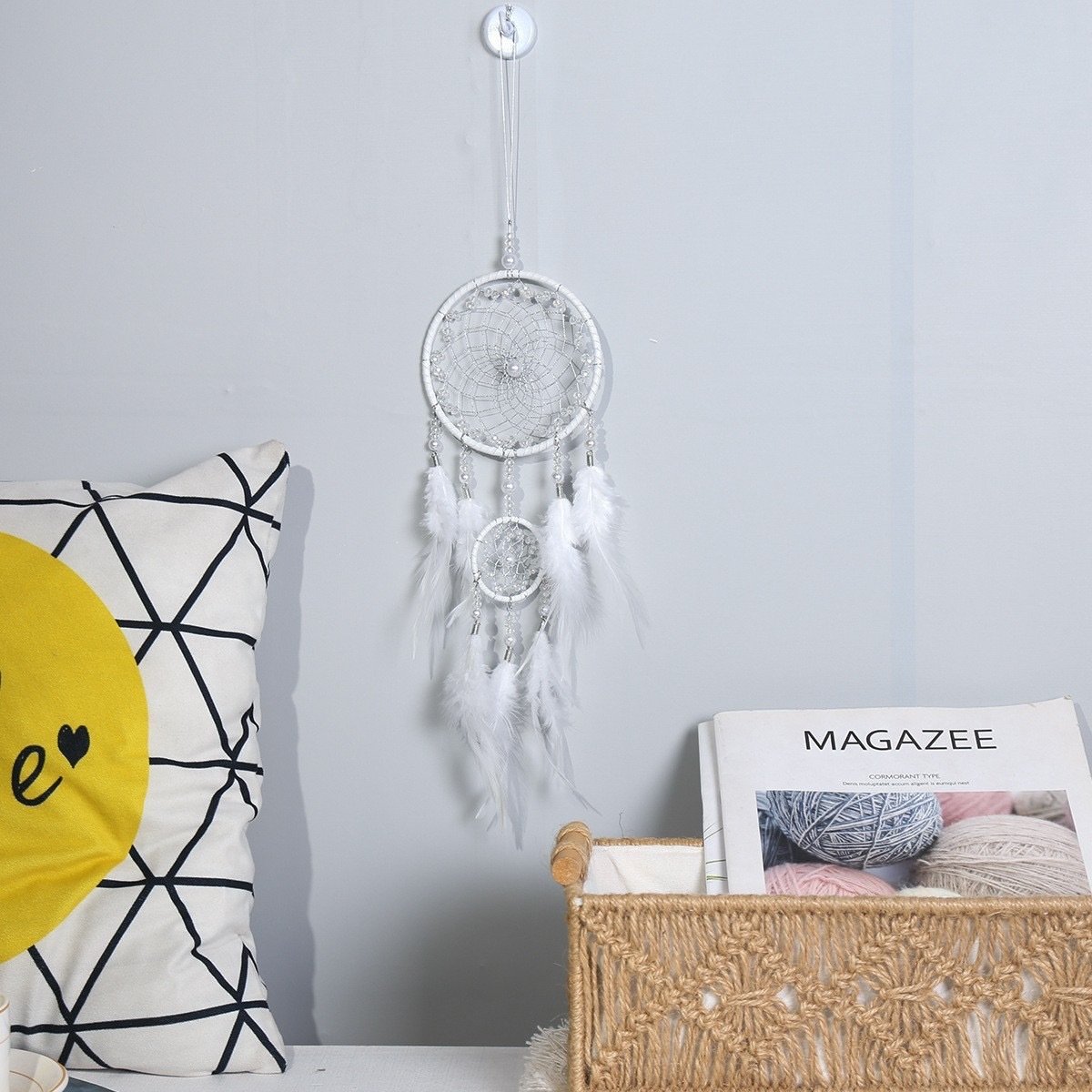 Silver Grey Double-Ring Minimalist Dreamcatcher, Matte Grey Feather & Bead Wall Hanging, Ins Cool Tone Bedroom Ornament, Still-Life Portrait Prop & Couple Gift - Image 4