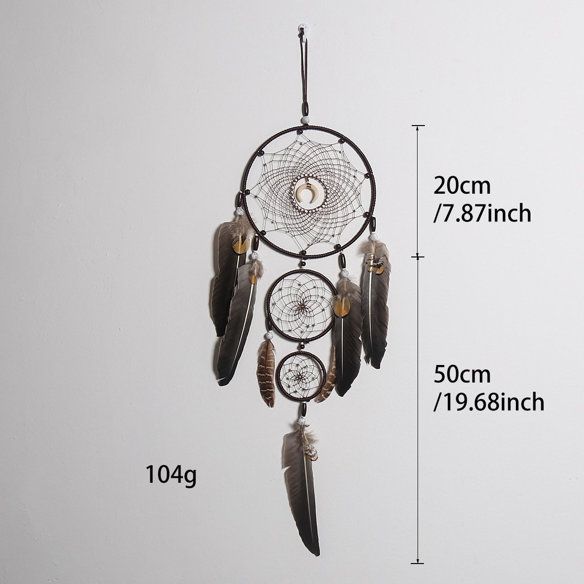 Three-Tier Nested Earth Tone Dreamcatcher, Natural Raw Feather Moon Charm Wall Hanging, Wabi-Sabi Industrial Wall Decor, Men’s Bedroom Homestay Vintage Shooting Prop - Image 6