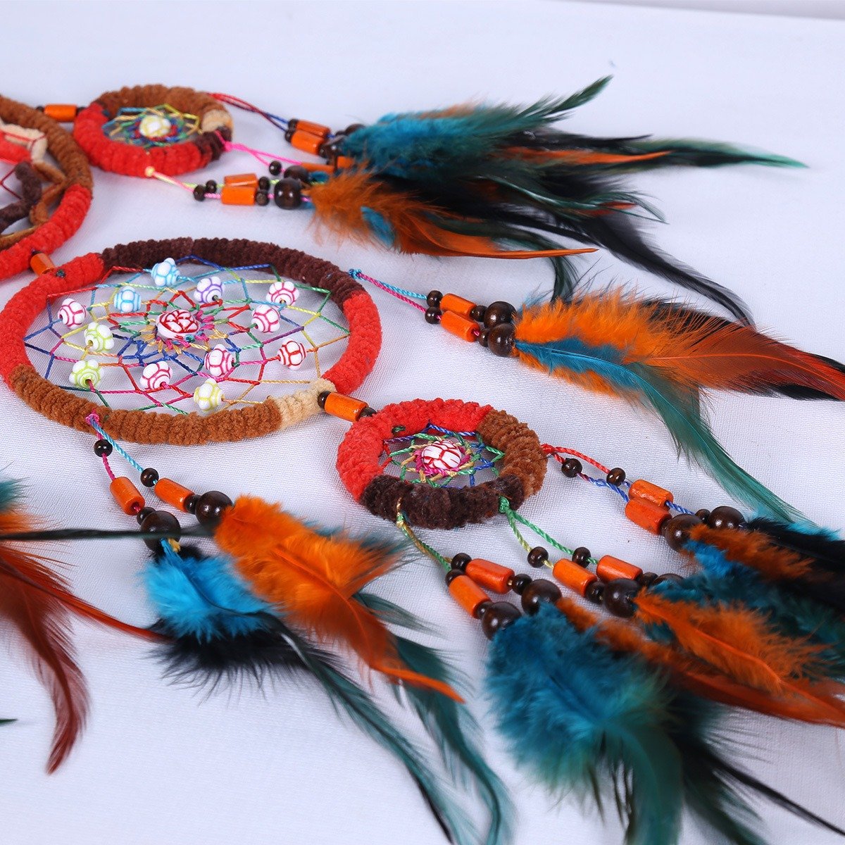 Red-Brown Four-Layer Multi-Ring Dreamcatcher, Lake Blue & Orange Contrast Feather Wood Bead Wall Hanging, Ethnic Homestay Ornament, Exotic Travel Shooting & Festive Gift - Image 6