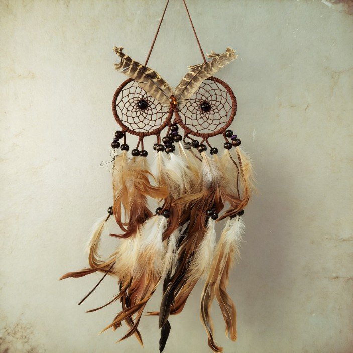 Creative Owl Shaped Dreamcatcher, Brown White Gradient Feather & Black Wood Bead Wall Hanging, Forest Wabi-Sabi Wall Decor, Forest Style Still-Life Portrait Shooting Healing Gift - Image 5
