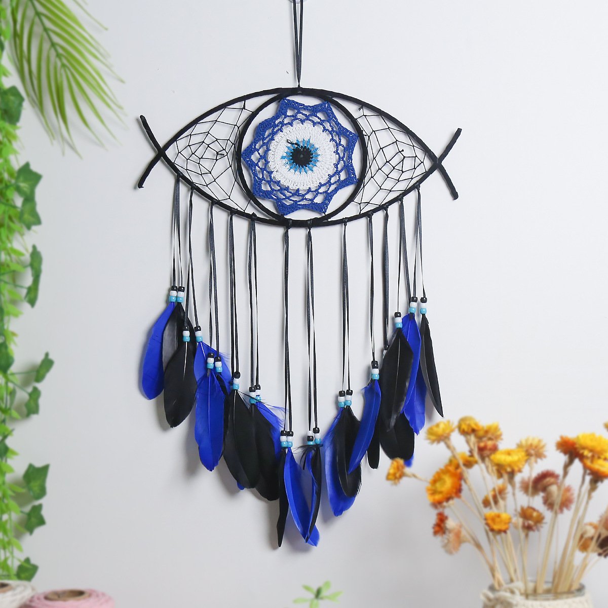 Evil Eye Blue-Black Contrast Dreamcatcher, Hand-Woven Feather Wall Hanging, Niche Alt Bedroom Ornament, Dark Cool Shooting Prop & Men’s Gift - Image 7