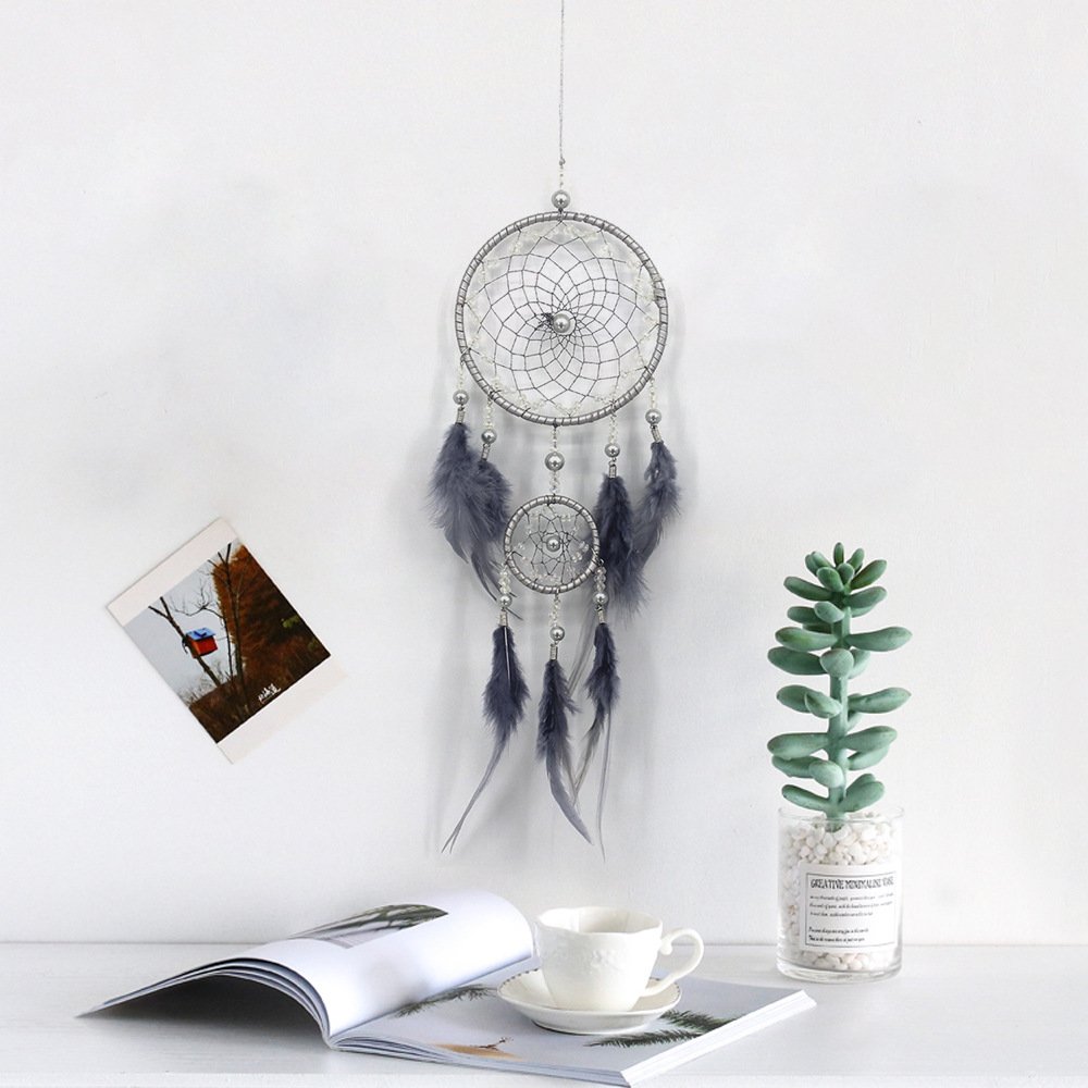 Silver Grey Double-Ring Minimalist Dreamcatcher, Matte Grey Feather & Bead Wall Hanging, Ins Cool Tone Bedroom Ornament, Still-Life Portrait Prop & Couple Gift - Image 5