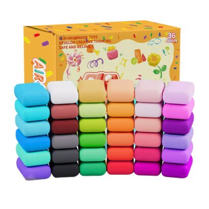 A colorful 36-color air dry clay set featuring stacked blocks of vibrant modeling clay in front of a yellow packaging box with playful craft illustrations against a white background.