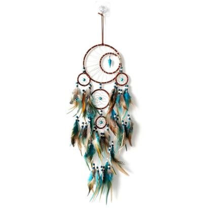 A detailed handmade dream catcher featuring a main brown hoop with an inner circle and turquoise stone pendant, multiple connected smaller hoops, and cascading turquoise, natural brown, and spotted feathers.