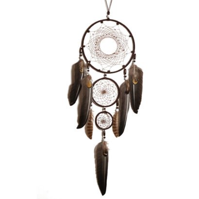 A detailed handmade brown dream catcher with three vertically connected hoops, intricate webbing, and long dark brown feathers hanging against a plain background.