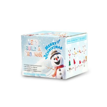 A blue light box for a "Let's Build a Snowman" Christmas handmade DIY craft kit, displaying a friendly snowman character, product features, and examples of finished snowman designs against a white background.