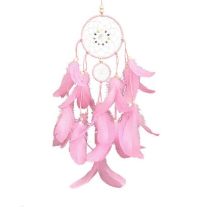 A detailed handmade pink and white dream catcher with one main hoop, two smaller connected hoops, a multi-colored bead web, and a large cluster of flowing pink feathers.