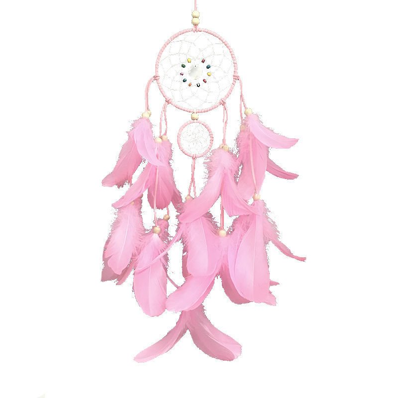 A detailed handmade pink and white dream catcher with one main hoop, two smaller connected hoops, a multi-colored bead web, and a large cluster of flowing pink feathers.