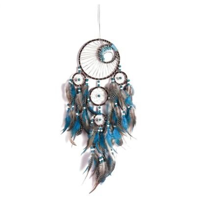A detailed handmade dream catcher with a main dark hoop, smaller connected hoops, and a large cluster of turquoise and spotted grey feathers against a white background.