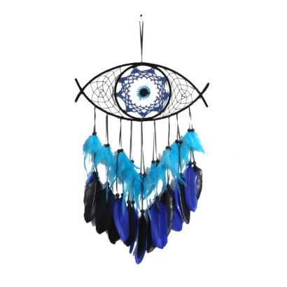 A handcrafted five-hoop dreamcatcher with complex woven webs. The main hoop features an inner crescent moon with a hanging crystal pendulum. Cascades of vibrant turquoise and natural spotted feathers are adorned with matching beads. It hangs against a plain white background.