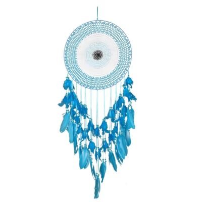 Handmade turquoise blue dream catcher wall hanging with feathers and evil eye design.
