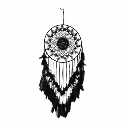 A detailed handmade black dream catcher with a large circular hoop, intricate web pattern, black beads, and layered cascading black feathers arranged in a V-shape against a plain background.