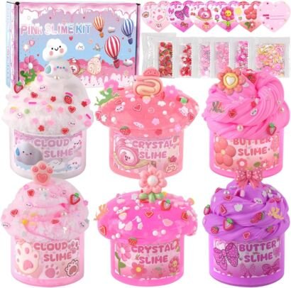 A colorful DIY Pink Slime Kit featuring six individual jars of themed slimes—including fluffy Cloud Slime, clear pink Crystal Slime, and swirled Butter Slime—decorated with cute charms and sprinkles, shown alongside decorative sprinkle packets, heart gift tags, and a pink patterned storage box against a white background.