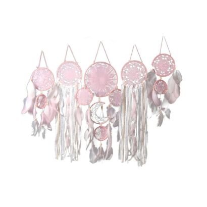 A set of five handmade pink dream catchers featuring lace webbing, ribbons, hanging feathers, and crescent moon accents arranged against a plain white background.