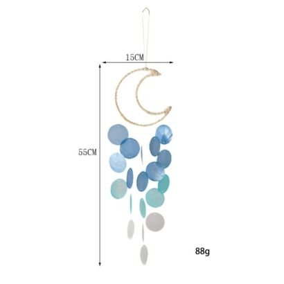 A detailed handmade wind chime featuring a natural twine-wrapped crescent moon frame and cascading round capiz shells in gradient blue, turquoise, and white tones, displayed with measurement indicators of 15cm width, 55cm height, and 88g weight against a white background.