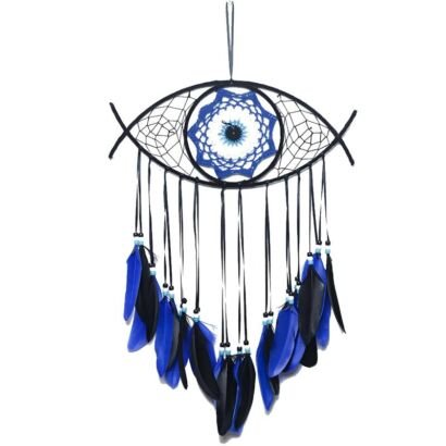 A detailed handmade dream catcher designed in the shape of an evil eye, featuring a central blue woven iris pattern, black outer web, and cascading blue and black feathers against a white background.