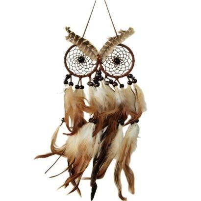A detailed, handmade owl-shaped dream catcher made with natural feathers and beads, hanging against a white background.