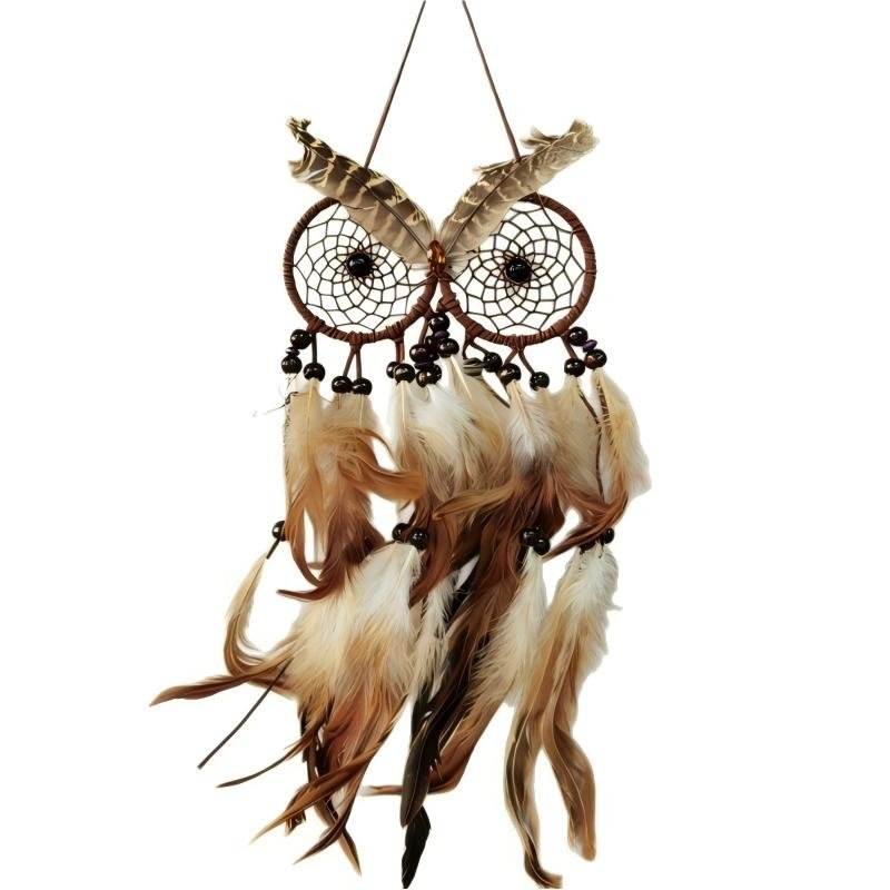 A detailed, handmade owl-shaped dream catcher made with natural feathers and beads, hanging against a white background.