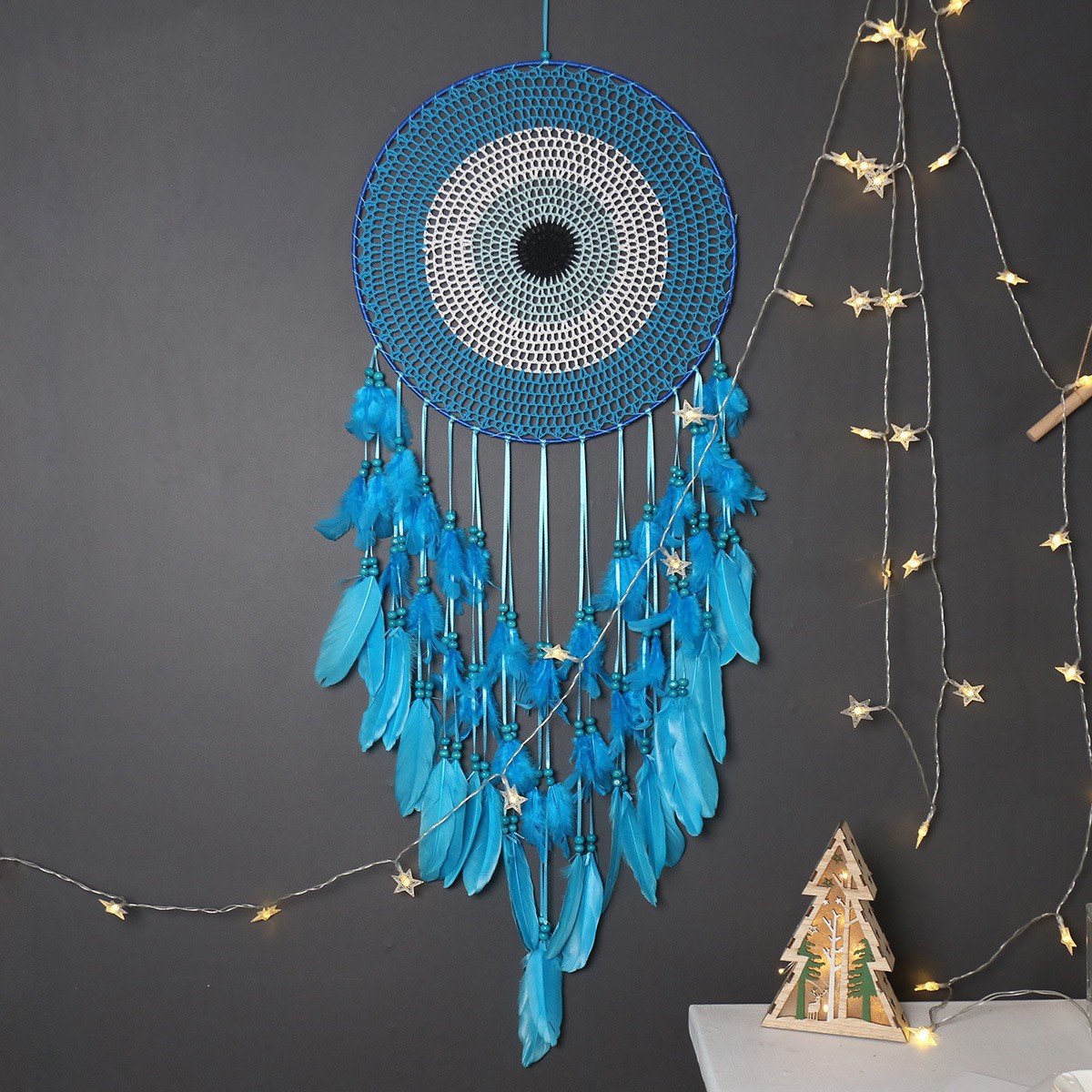 Sky Blue Gradient Mandala Crochet Dreamcatcher, All-Blue Soft Feather Bead Wall Hanging, Mediterranean Fresh Bedroom Ornament, Summer Still-Life Healing Girly Gift - Image 9