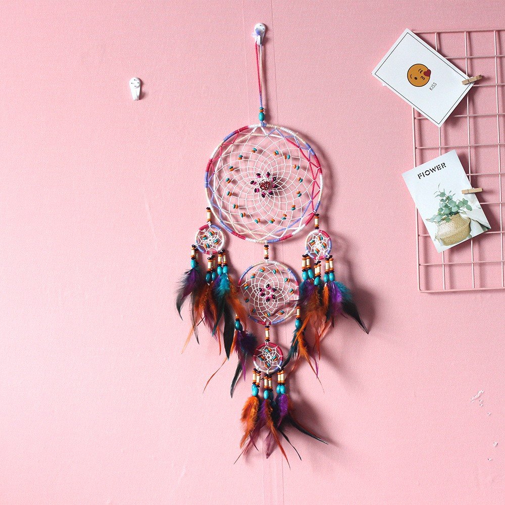 Red-Brown Four-Layer Multi-Ring Dreamcatcher, Lake Blue & Orange Contrast Feather Wood Bead Wall Hanging, Ethnic Homestay Ornament, Exotic Travel Shooting & Festive Gift - Image 3